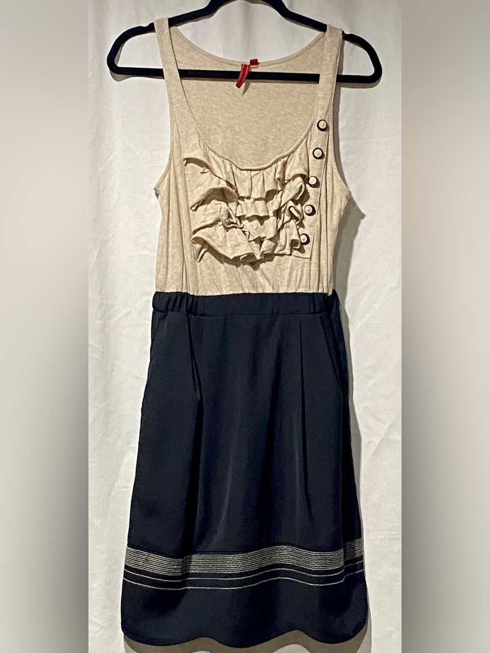 One September Sleeveless Beige Ruffle Bodice Midi Dress with Black Skirt Sz. S